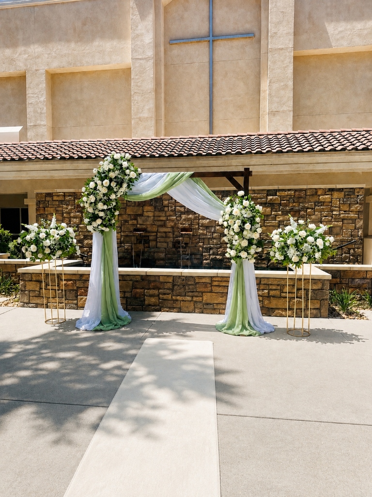 Outdoor Ceremony Arch with Sage Drapery