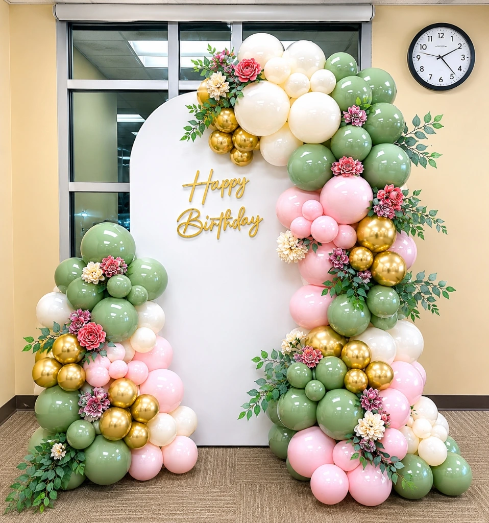 Sage Green, Blush & Chrome Gold Birthday Arch